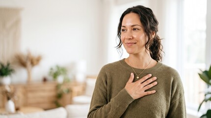 A serene woman with a gentle smile holding her hand over her heart in a bright home interior.