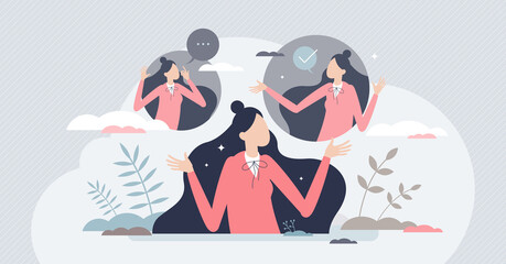 Inner judge as different opinions perspectives thinking tiny person concept. Choice making management with self decision and information processing vector illustration. Mind doubt and dilemma scene.